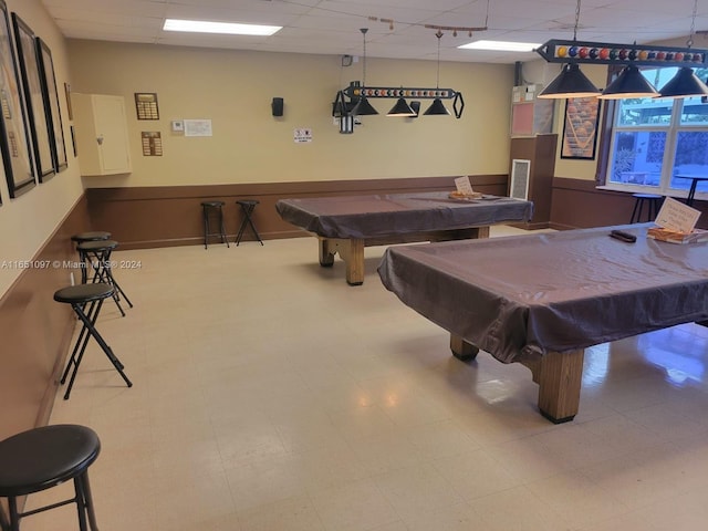 playroom featuring pool table and a drop ceiling