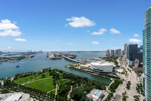 drone / aerial view featuring a water view