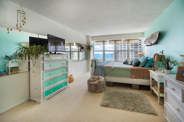 carpeted bedroom with a textured ceiling