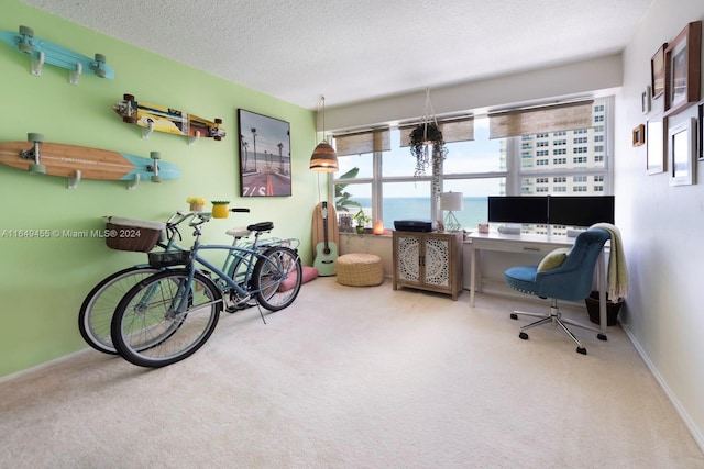 carpeted home office featuring a textured ceiling