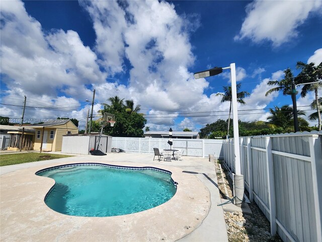 view of swimming pool with a storage unit and a patio area