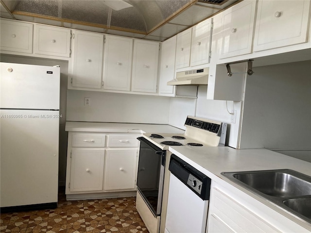 kitchen featuring white cabinets, sink, and white appliances