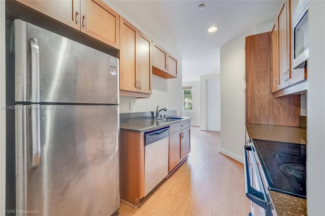 kitchen featuring light hardwood / wood-style flooring, sink, and appliances with stainless steel finishes