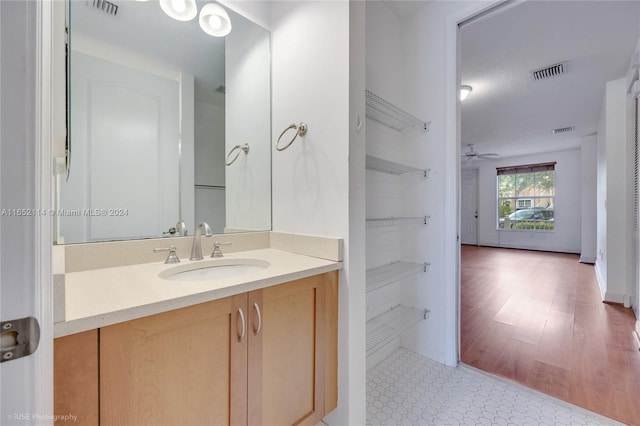 bathroom featuring vanity, ceiling fan, and hardwood / wood-style floors