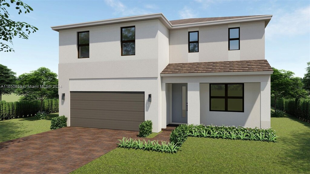 view of front of house featuring a front lawn, decorative driveway, an attached garage, and stucco siding