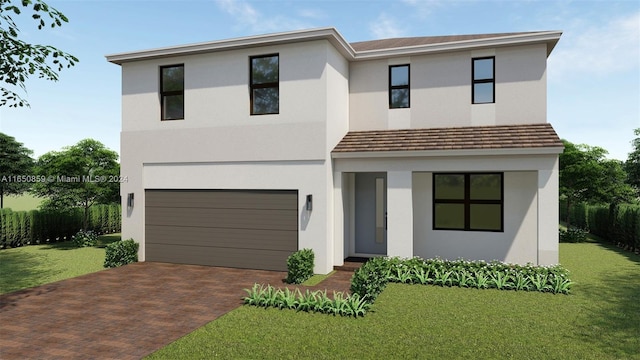 view of front of house featuring a front lawn, decorative driveway, an attached garage, and stucco siding