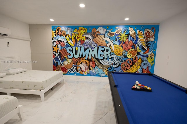 bedroom featuring pool table and a wall unit AC