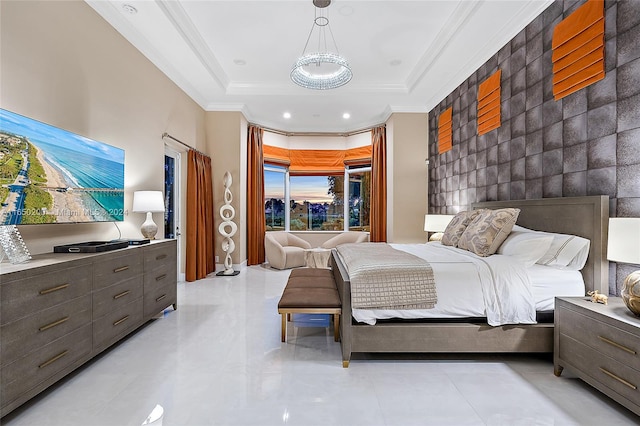 bedroom with tile walls and crown molding