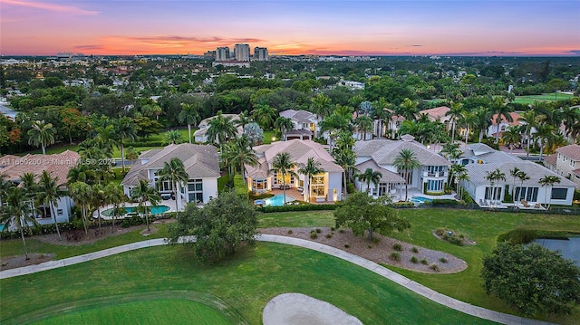 view of aerial view at dusk