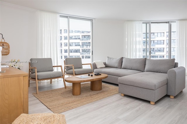 living area featuring crown molding, a wealth of natural light, a wall of windows, and light wood-type flooring