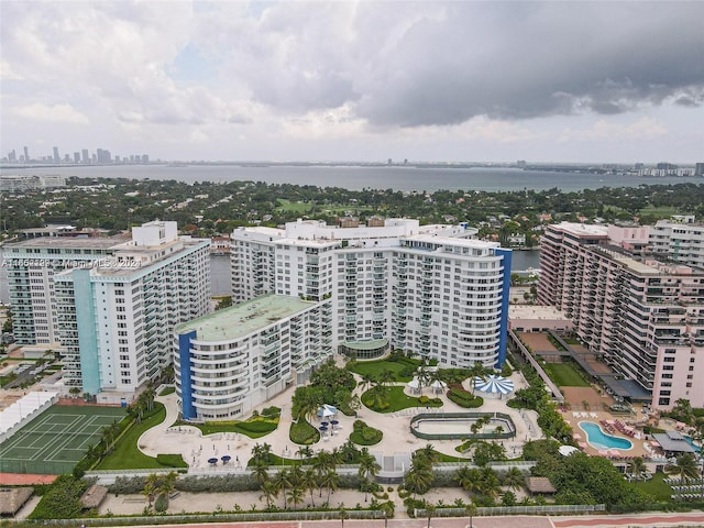 aerial view featuring a water view and a view of city