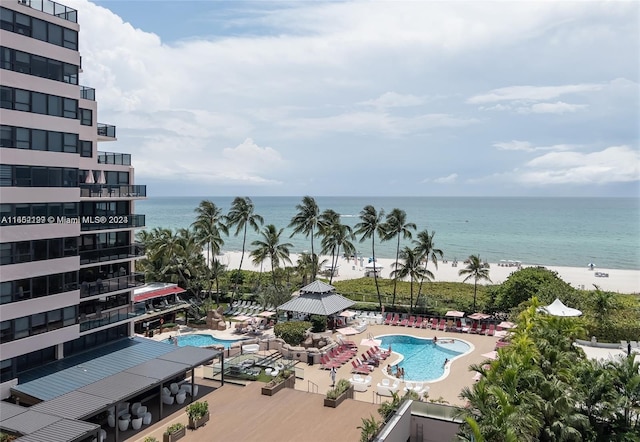 view of water feature with a beach view