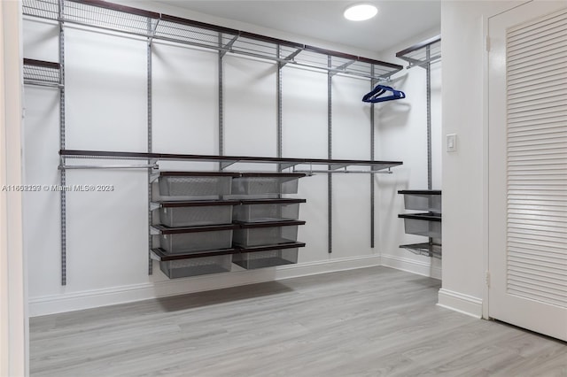 walk in closet with light hardwood / wood-style flooring