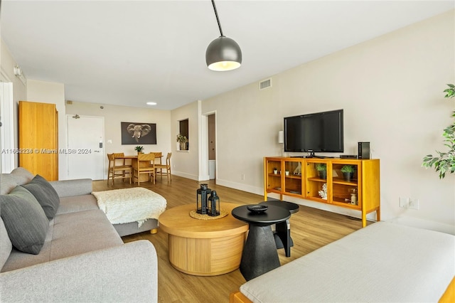 living room with light hardwood / wood-style flooring