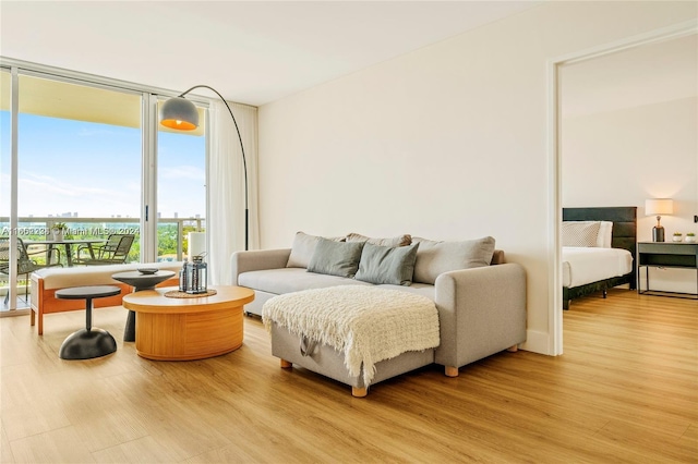 living room with light wood-type flooring and expansive windows