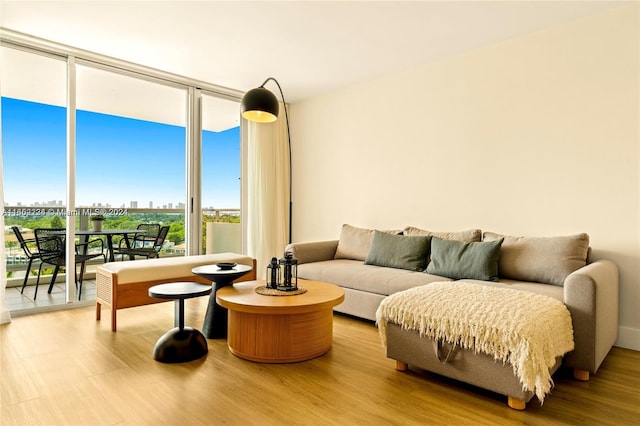 living room with wood-type flooring and floor to ceiling windows