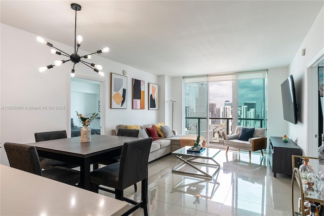 dining space with expansive windows, a notable chandelier, and light tile patterned flooring