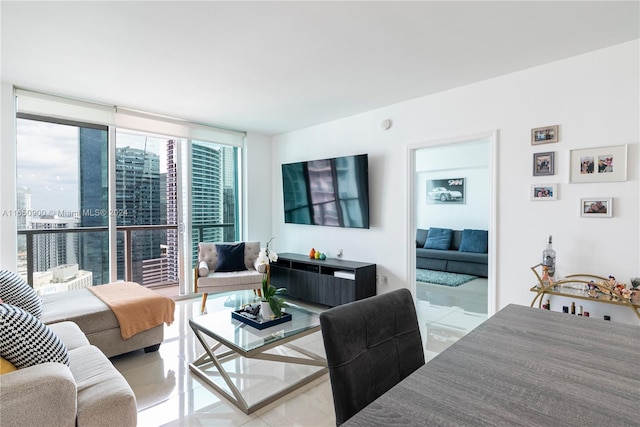 tiled living area with expansive windows