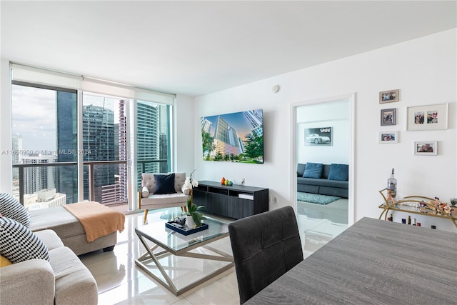 tiled living area with expansive windows