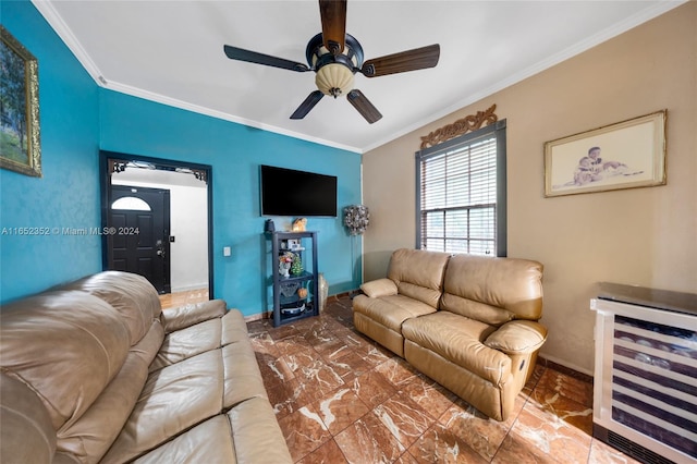 living room with crown molding, wine cooler, and ceiling fan