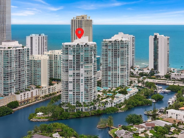 aerial view featuring a water view