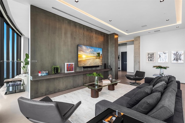 living room featuring a raised ceiling