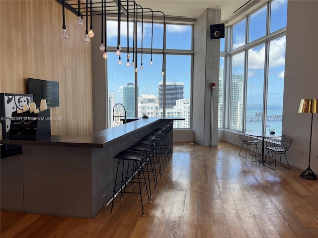 kitchen featuring wood-type flooring, a wealth of natural light, and a breakfast bar