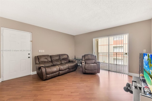 living room with light hardwood / wood-style floors and a textured ceiling