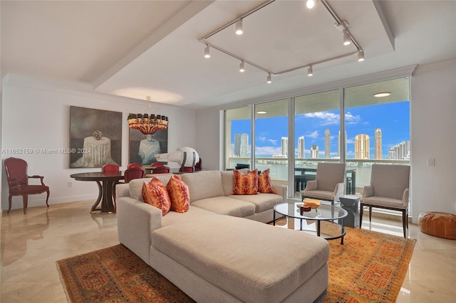 living room featuring ornamental molding, floor to ceiling windows, and track lighting