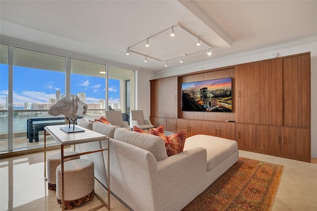 tiled living room featuring wooden walls and ornamental molding