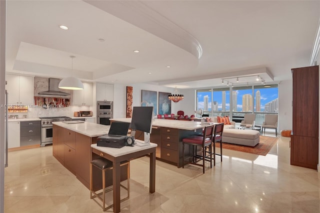 kitchen with white cabinets, a large island, decorative light fixtures, wall chimney range hood, and appliances with stainless steel finishes