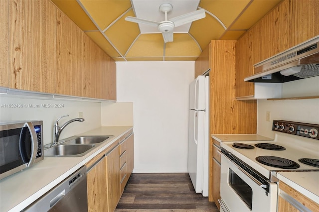 kitchen with ventilation hood, appliances with stainless steel finishes, dark wood-type flooring, and sink