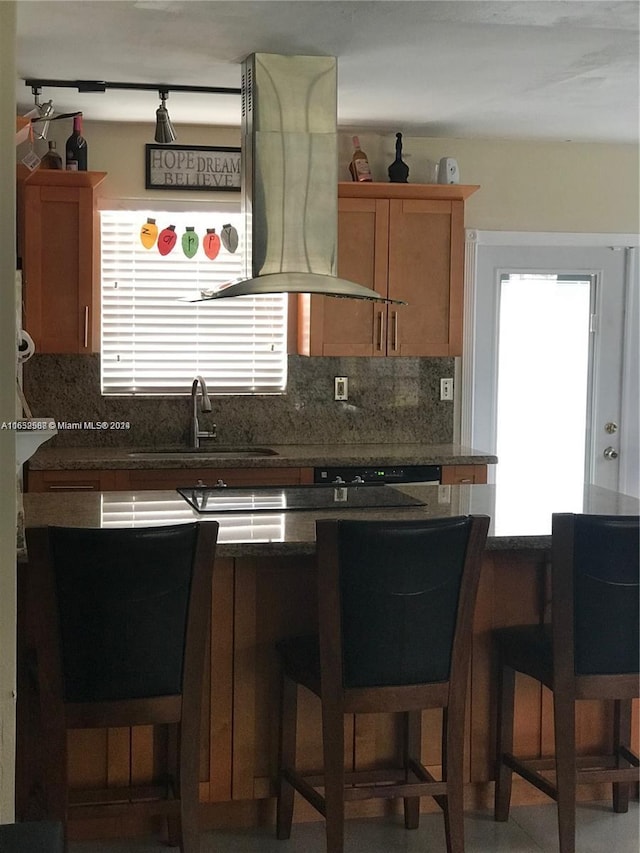 kitchen with a kitchen breakfast bar, tasteful backsplash, sink, and island range hood