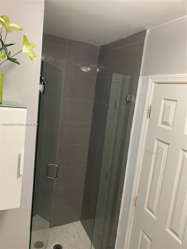 bathroom with a shower with shower door