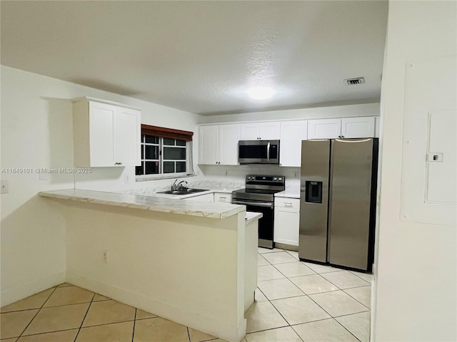 kitchen with white cabinetry, appliances with stainless steel finishes, and kitchen peninsula