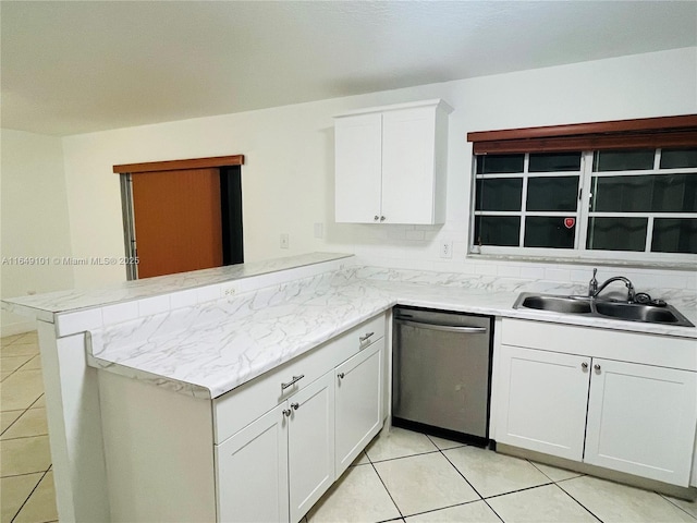 kitchen featuring white cabinetry, kitchen peninsula, sink, and dishwasher