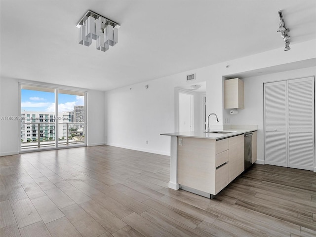 kitchen with expansive windows, sink, kitchen peninsula, light hardwood / wood-style flooring, and dishwasher