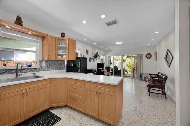 kitchen with decorative backsplash, kitchen peninsula, and sink