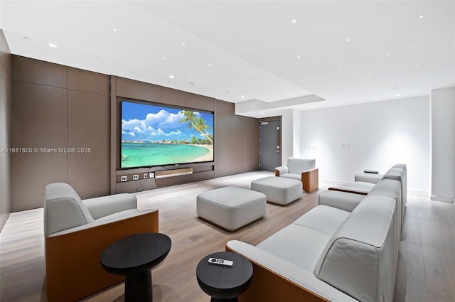 home theater featuring light wood-type flooring