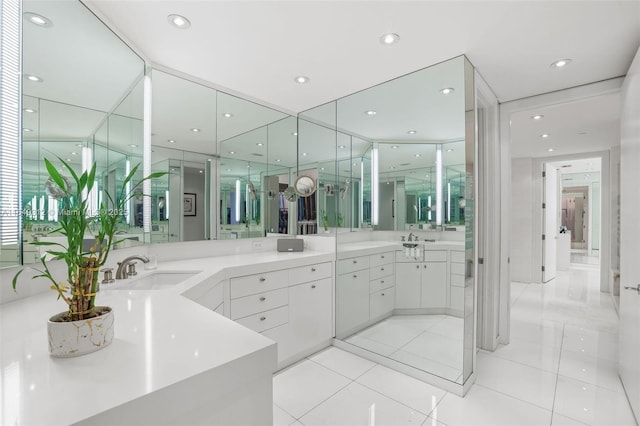 full bathroom with recessed lighting, vanity, and tile patterned floors