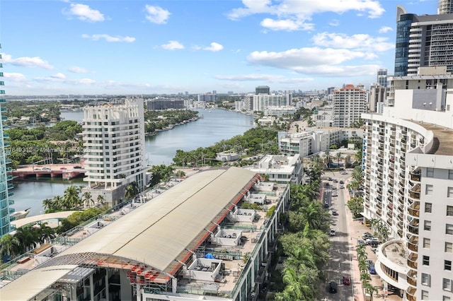 drone / aerial view featuring a view of city and a water view