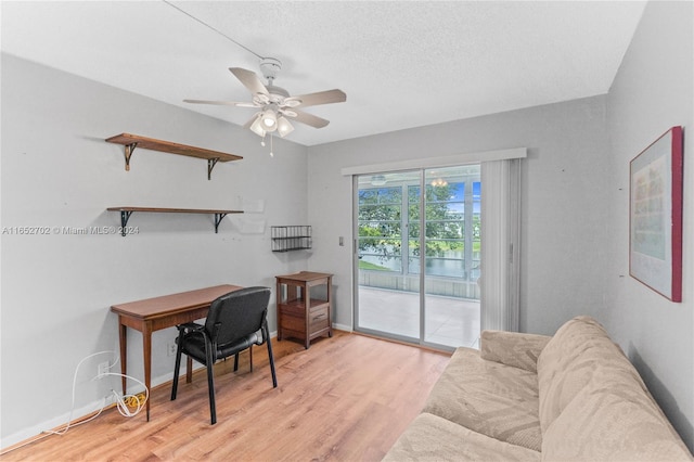 office featuring ceiling fan, light hardwood / wood-style floors, and a textured ceiling