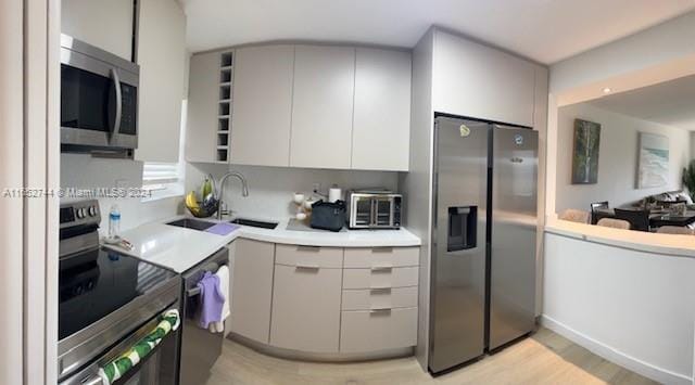 kitchen with light hardwood / wood-style flooring, stainless steel appliances, and sink