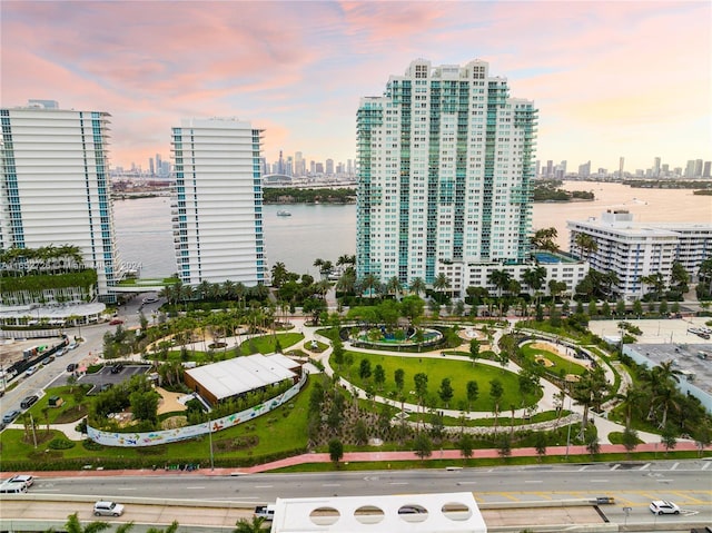 bird's eye view featuring a water view and a city view