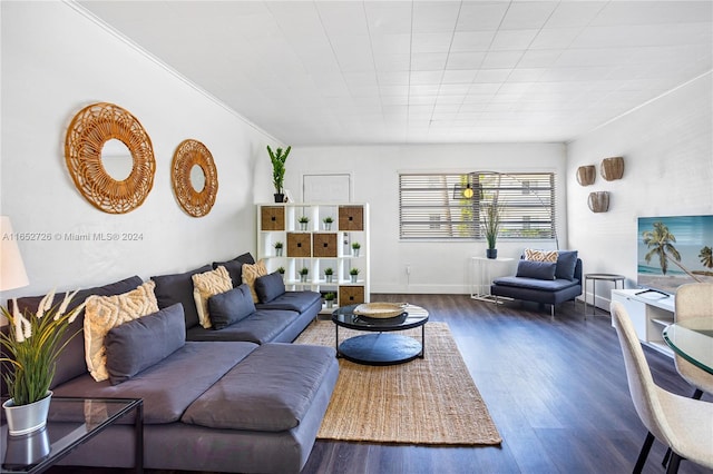 living room featuring baseboards, wood finished floors, and ornamental molding