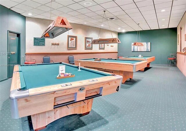 game room featuring billiards, carpet floors, and a drop ceiling