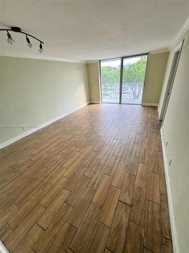 spare room with light wood-type flooring and crown molding