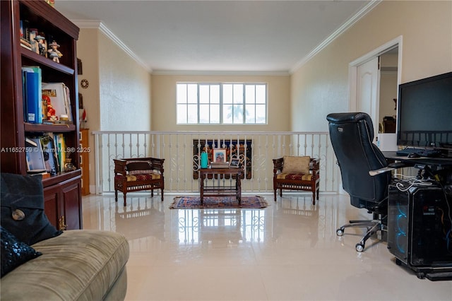 tiled office space featuring crown molding