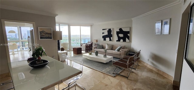 living room featuring expansive windows and crown molding