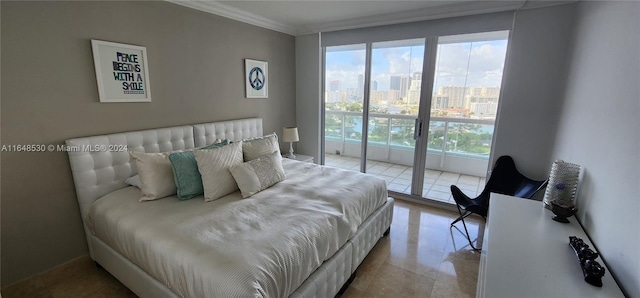 bedroom featuring crown molding, multiple windows, and light tile patterned flooring